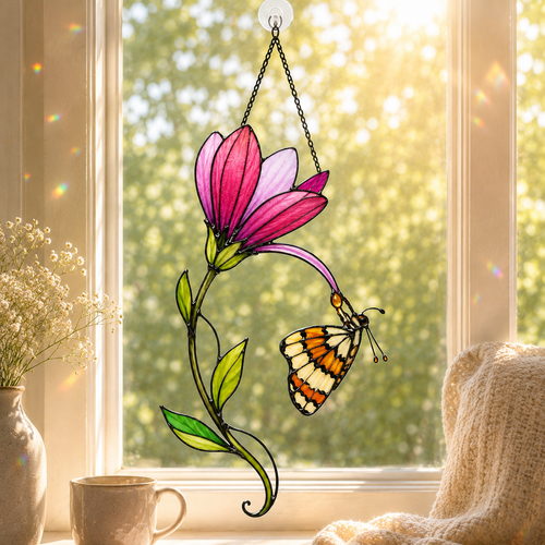 Pink Magnolia & Butterfly Holographic Acrylic Suncatcher