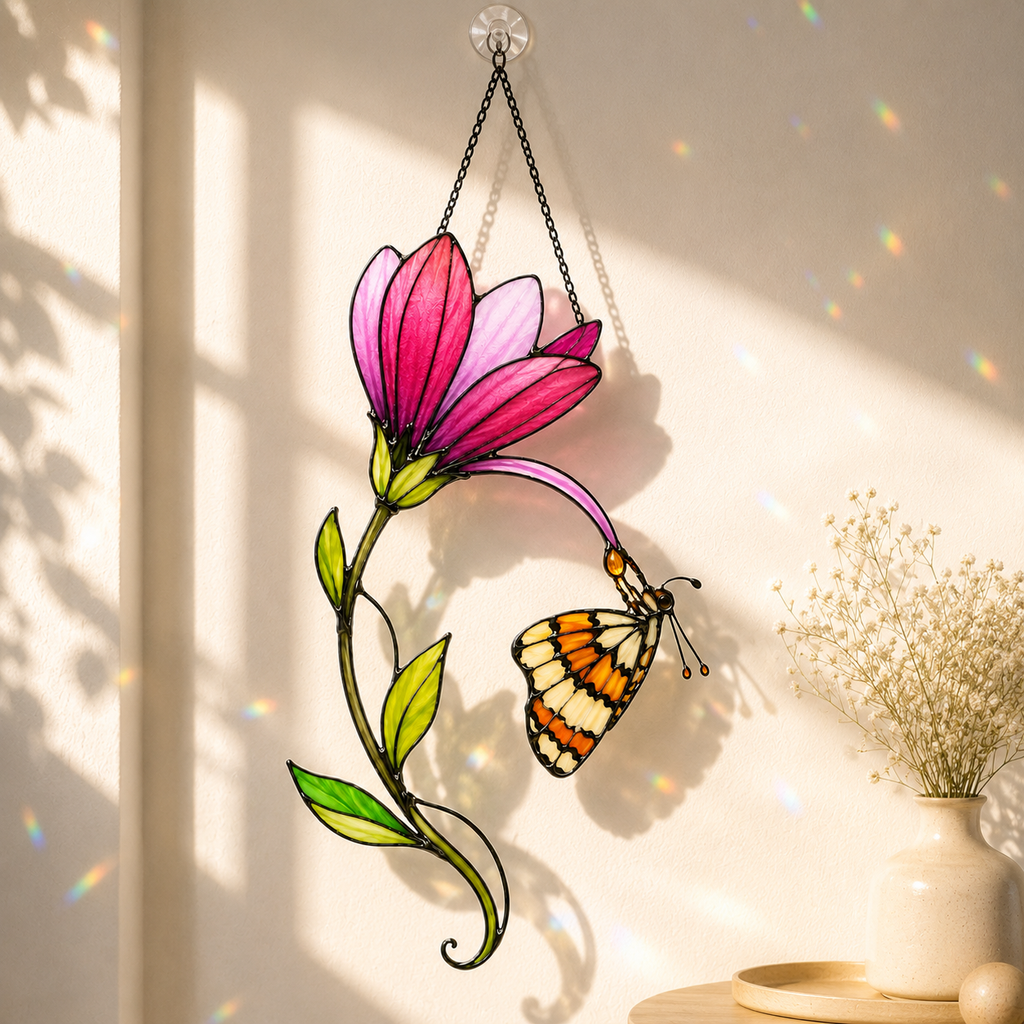 Pink Magnolia & Butterfly Holographic Acrylic Suncatcher