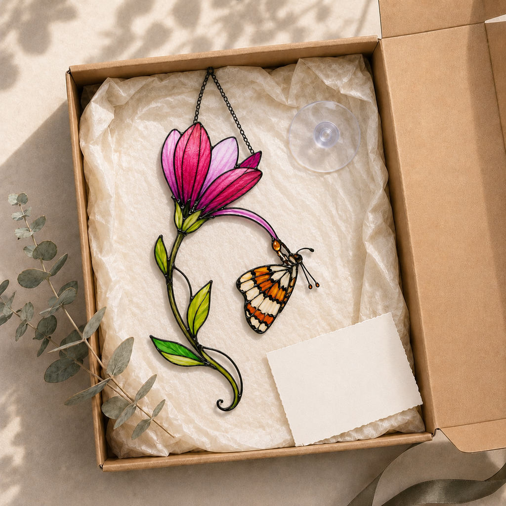 Pink Magnolia & Butterfly Holographic Acrylic Suncatcher