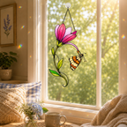 Pink Magnolia & Butterfly Holographic Acrylic Suncatcher