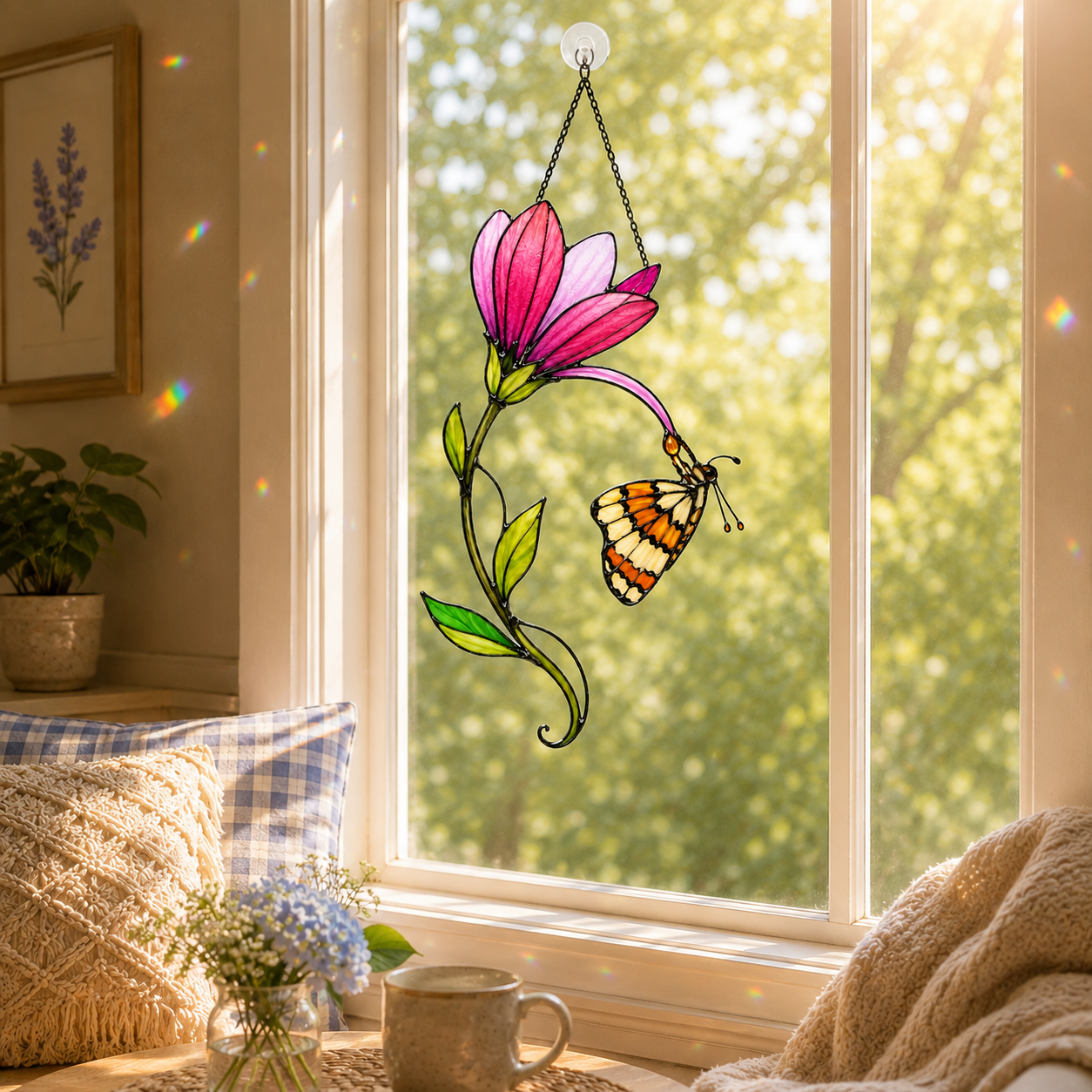 Pink Magnolia & Butterfly Holographic Acrylic Suncatcher