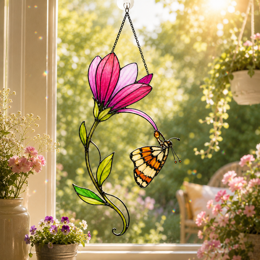 Pink Magnolia & Butterfly Holographic Acrylic Suncatcher