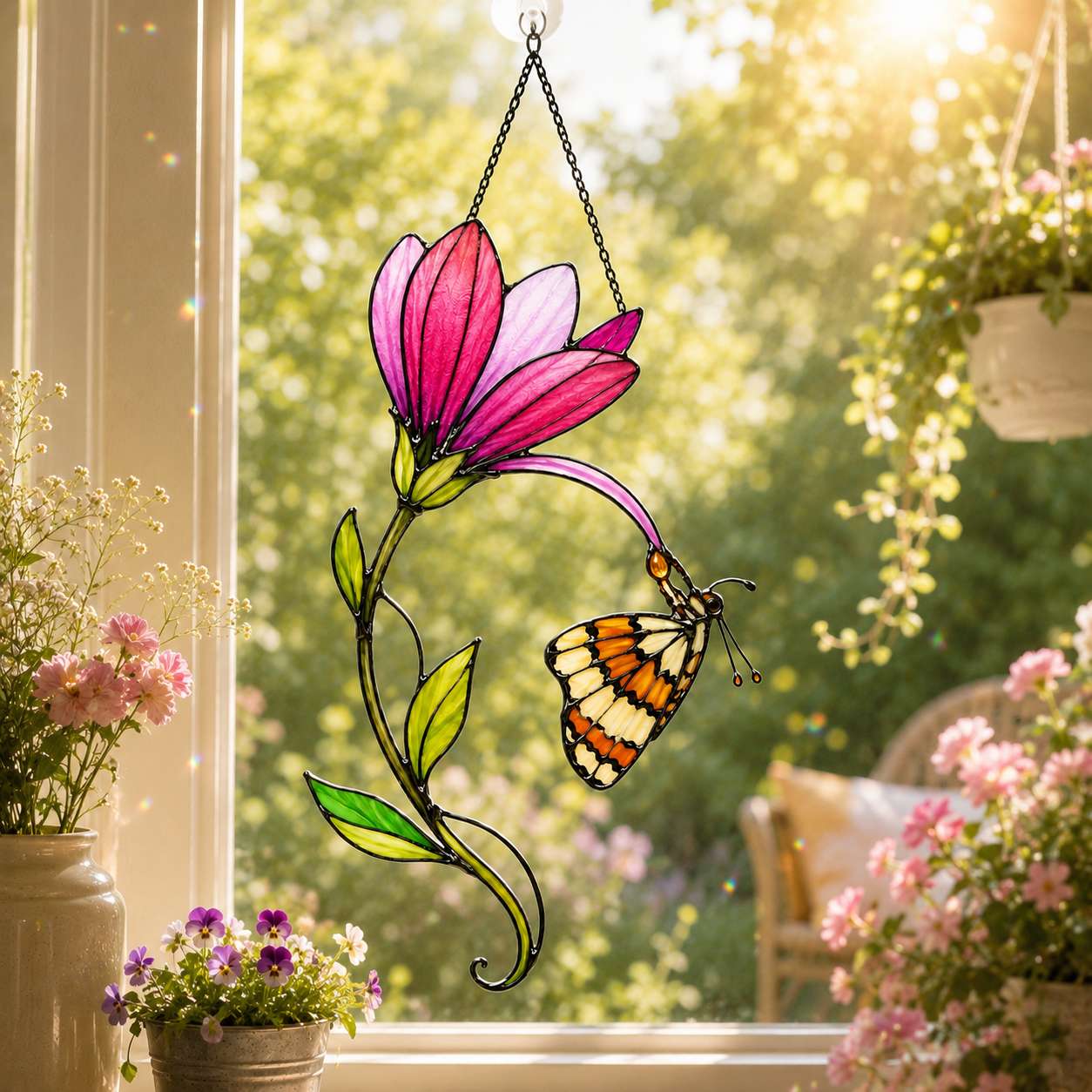 Pink Magnolia & Butterfly Holographic Acrylic Suncatcher