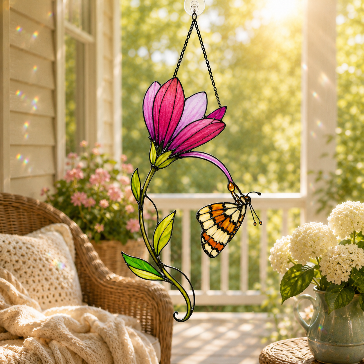 Pink Magnolia & Butterfly Holographic Acrylic Suncatcher
