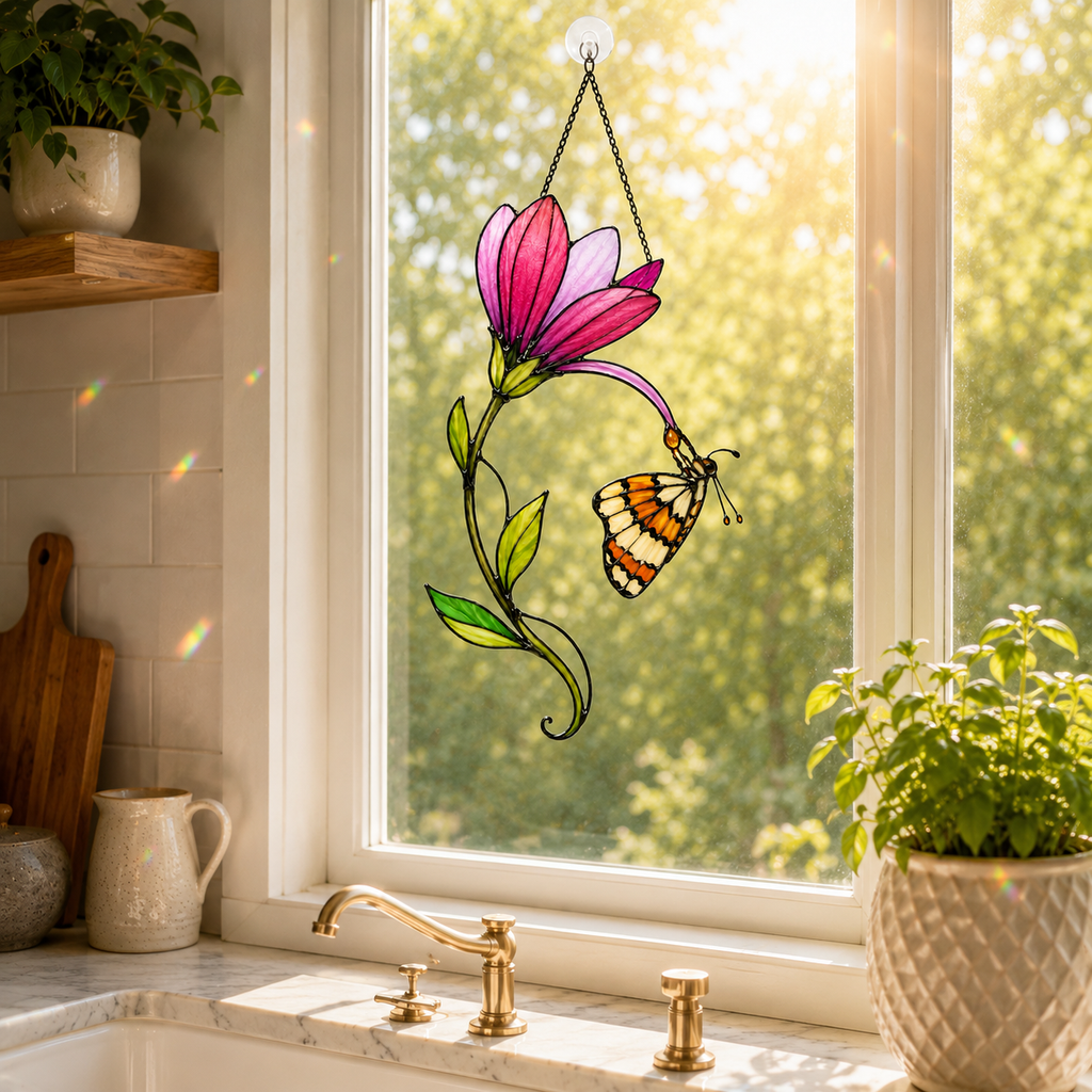 Pink Magnolia & Butterfly Holographic Acrylic Suncatcher