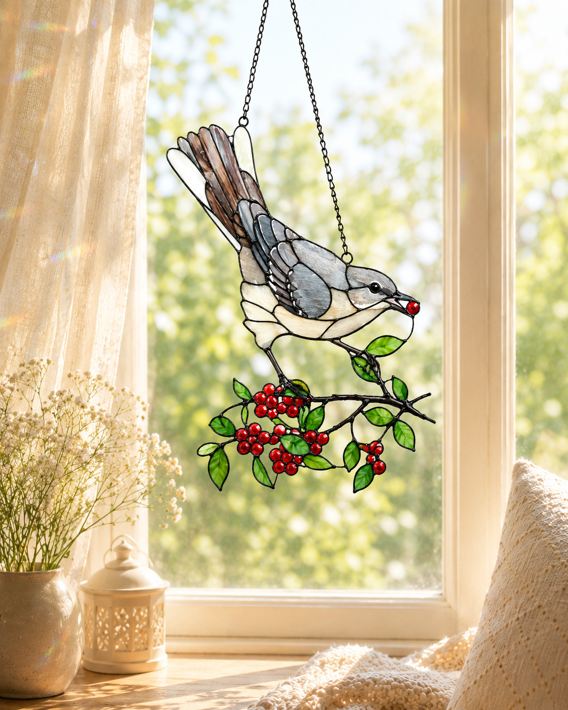 Mockingbird & Red Berries Holographic Acrylic Suncatcher