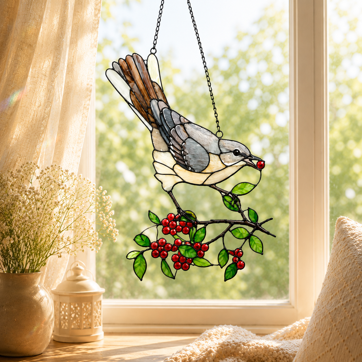Mockingbird & Red Berries Holographic Acrylic Suncatcher