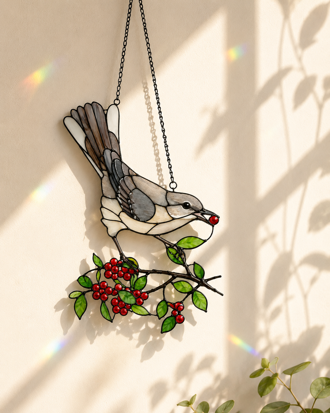 Mockingbird & Red Berries Holographic Acrylic Suncatcher