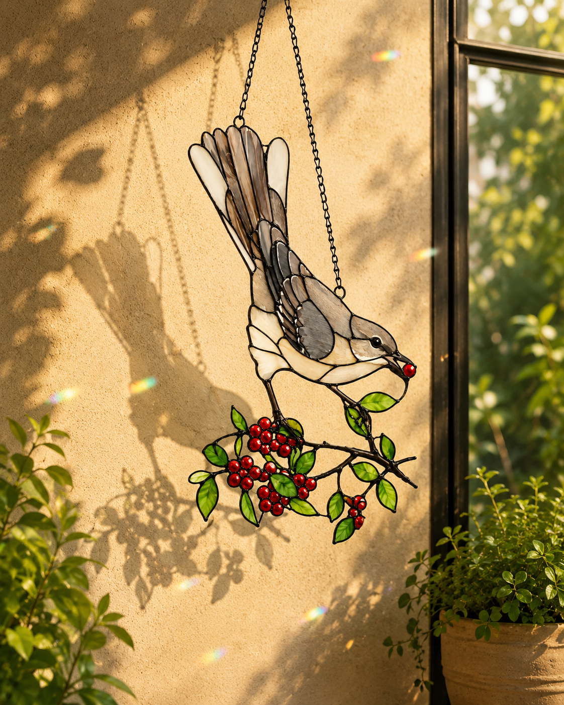 Mockingbird & Red Berries Holographic Acrylic Suncatcher