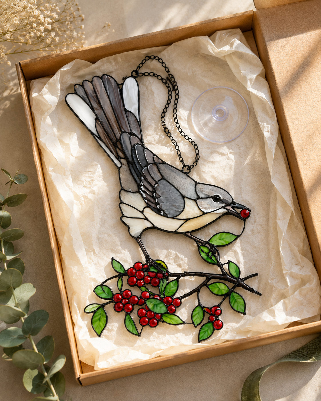 Mockingbird & Red Berries Holographic Acrylic Suncatcher