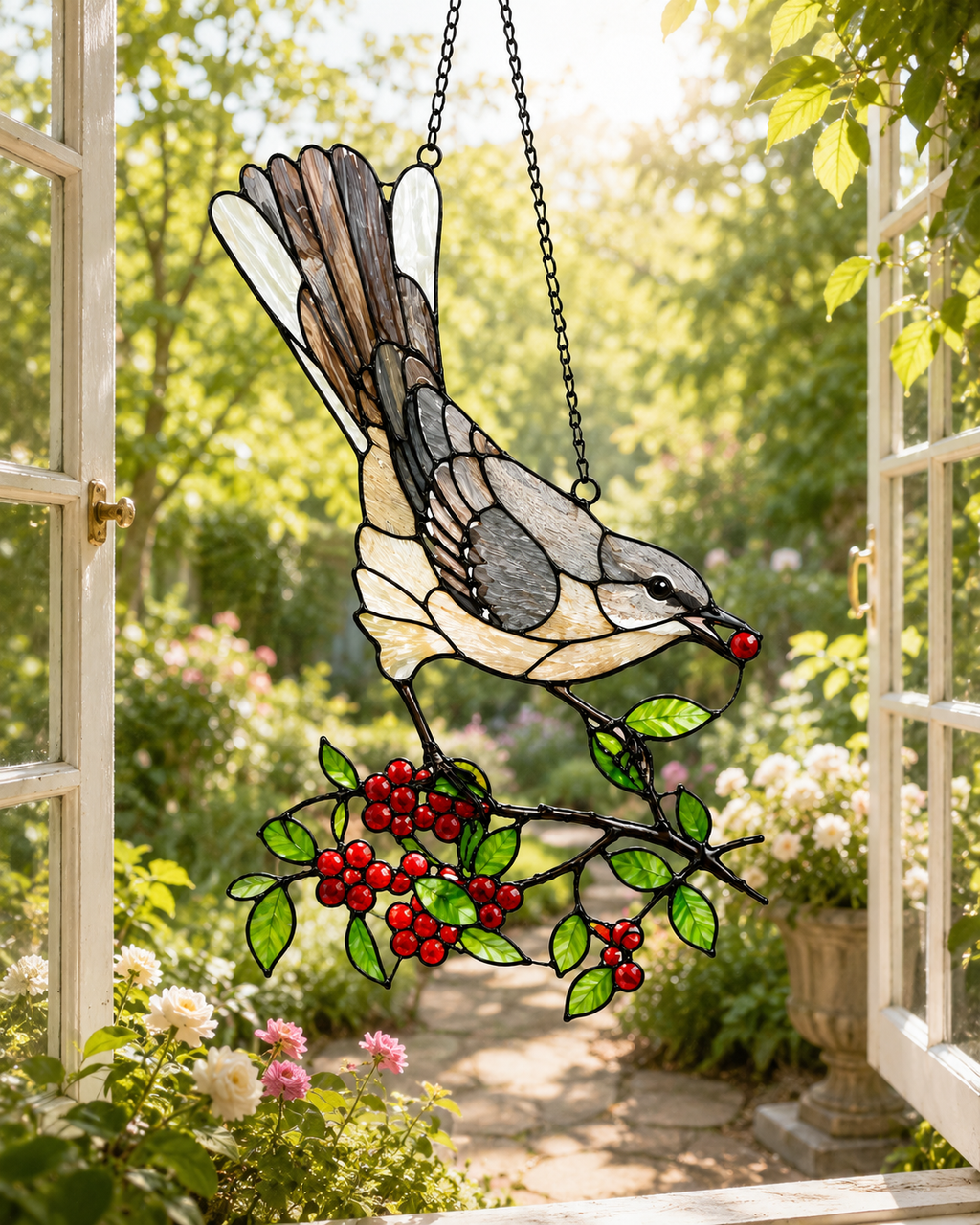 Mockingbird & Red Berries Holographic Acrylic Suncatcher