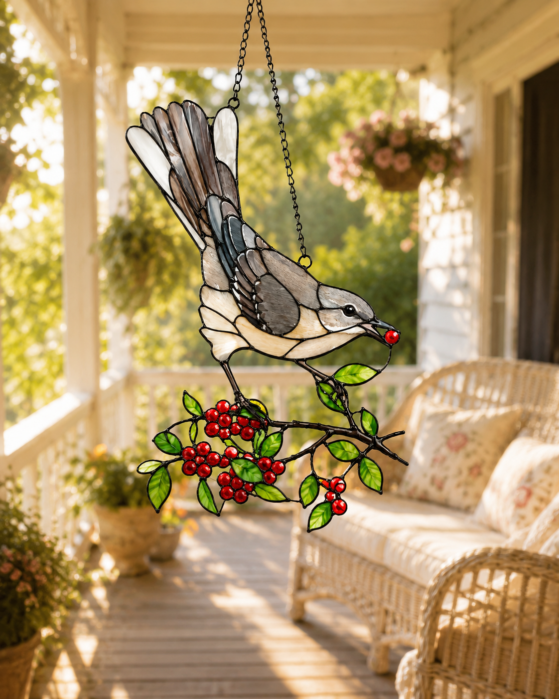 Mockingbird & Red Berries Holographic Acrylic Suncatcher