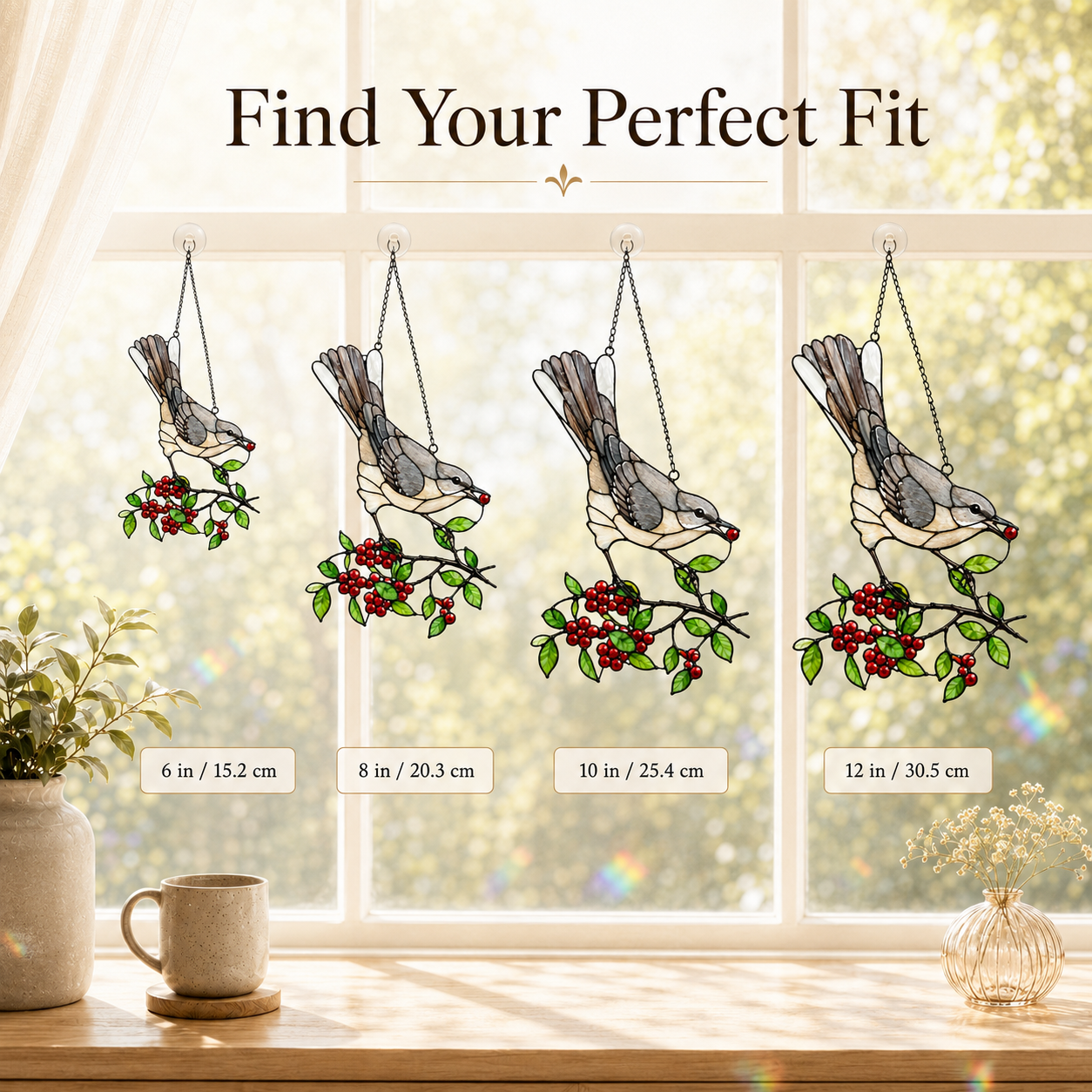 Mockingbird & Red Berries Holographic Acrylic Suncatcher
