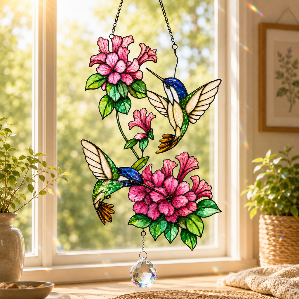 Twin Hummingbirds & Pink Blossoms Holographic Acrylic Suncatcher