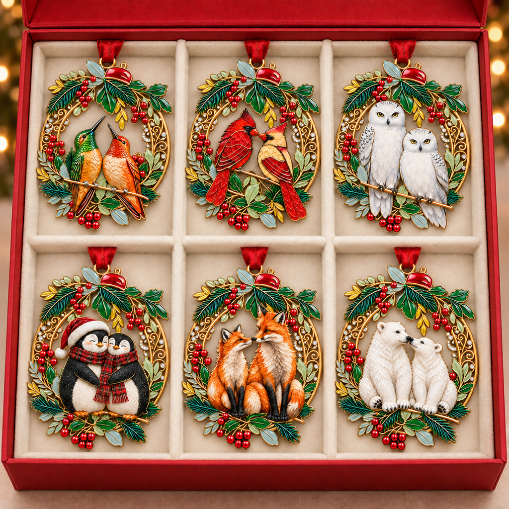 Holly Wreath Christmas Ornament — A Pair of Cardinals, Chickadees, Snowy Owls, Foxes, Penguins, Polar Bears, Reindeer & More, Couple Keepsake