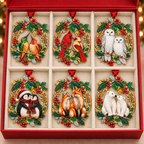 Holly Wreath Christmas Ornament — A Pair of Cardinals, Chickadees, Snowy Owls, Foxes, Penguins, Polar Bears, Reindeer & More, Couple Keepsake