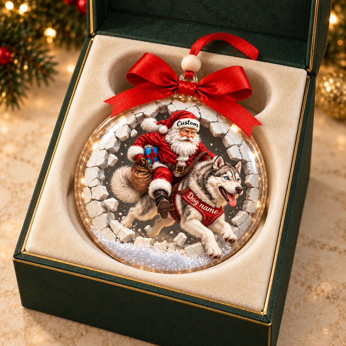 Personalized Santa & Dog Christmas Ornament — Santa Rides Your German Shepherd, Bernese, Rottweiler, Great Pyrenees or Husky Through the Wall, Custom Dog Name