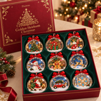 A Golden Christmas, set of nine clear ball Christmas ornaments in a red Pixiwoo gift box