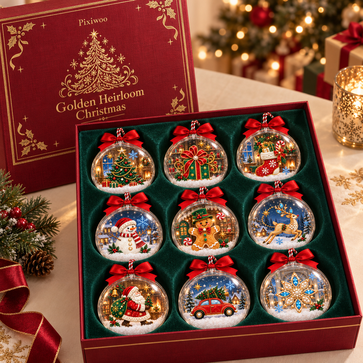 A Golden Christmas, set of nine clear ball Christmas ornaments in a red Pixiwoo gift box
