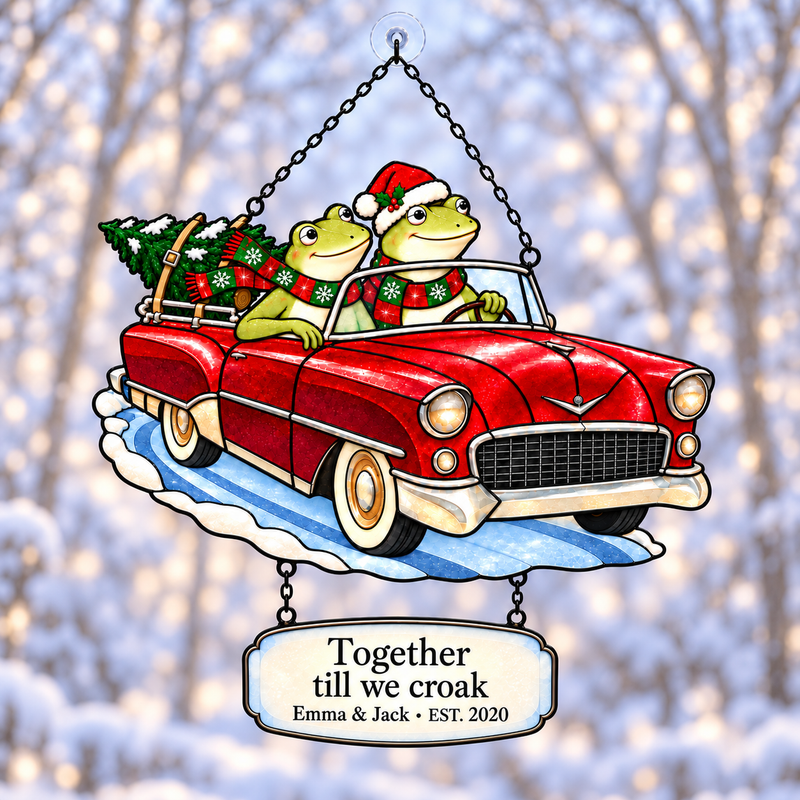Personalized Frog Couple Christmas Car Holographic Acrylic Suncatcher — Together Till We Croak