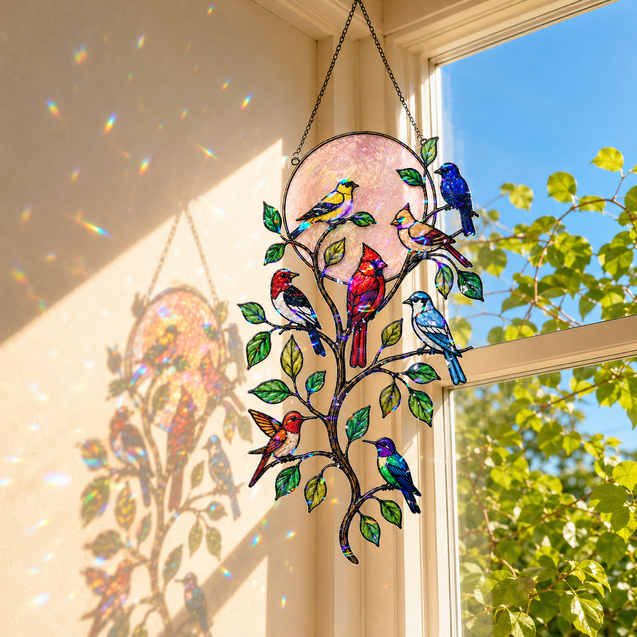 Songbirds on a Branch Pink Moon Holographic Acrylic Suncatcher