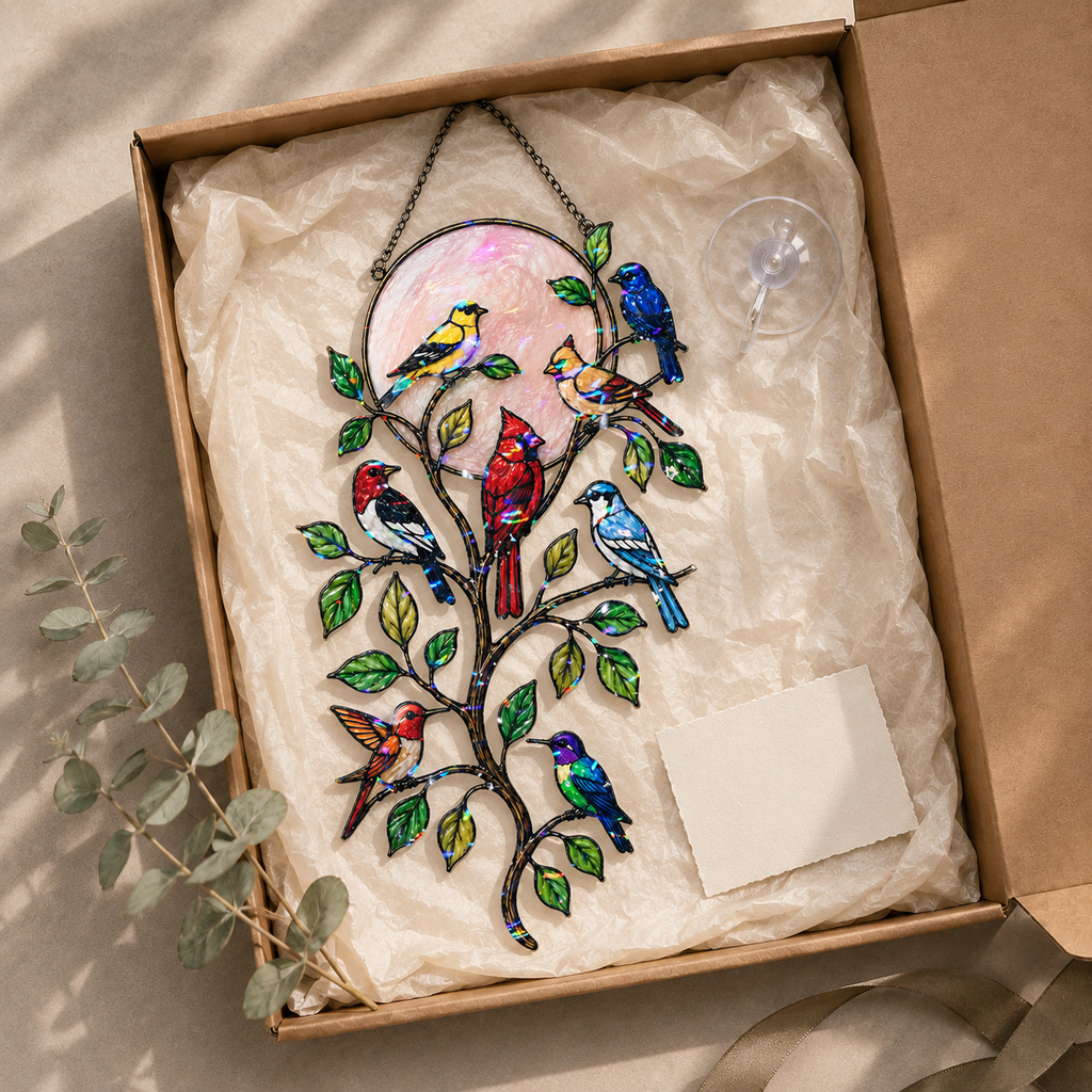 Songbirds on a Branch Pink Moon Holographic Acrylic Suncatcher
