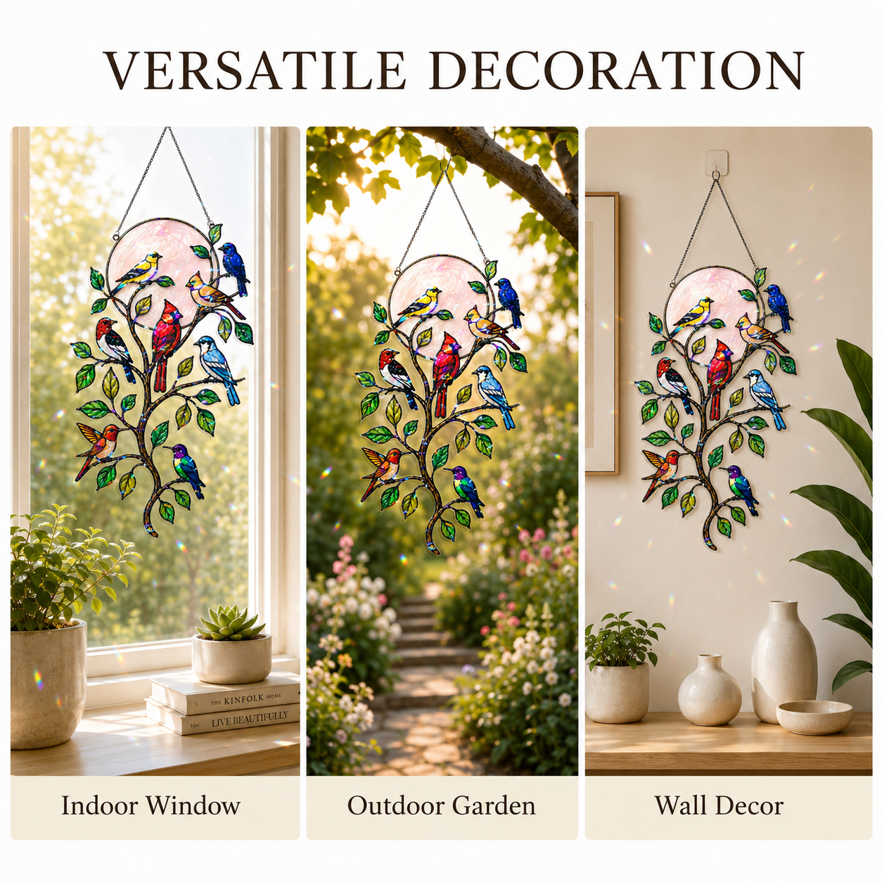 Songbirds on a Branch Pink Moon Holographic Acrylic Suncatcher