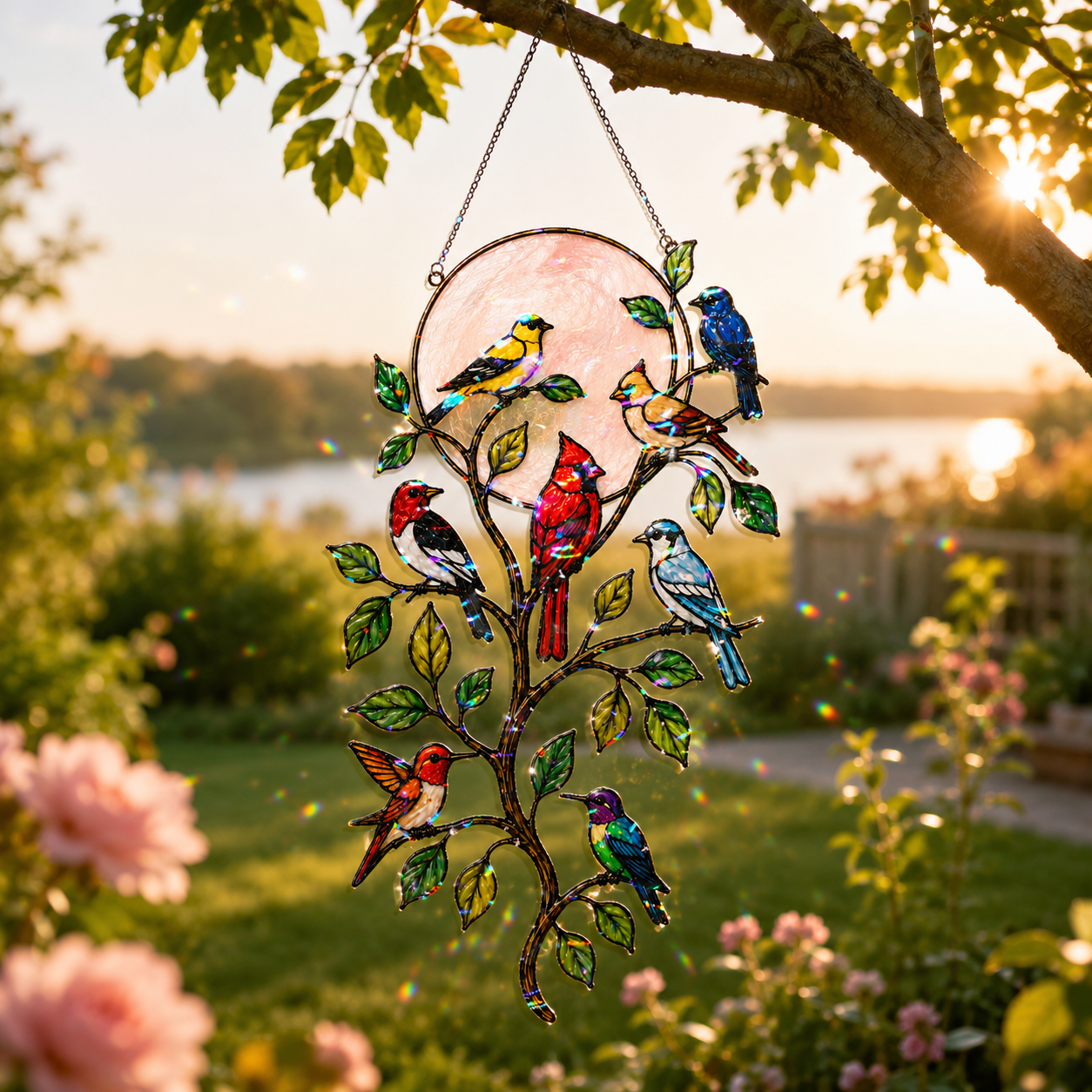 Songbirds on a Branch Pink Moon Holographic Acrylic Suncatcher