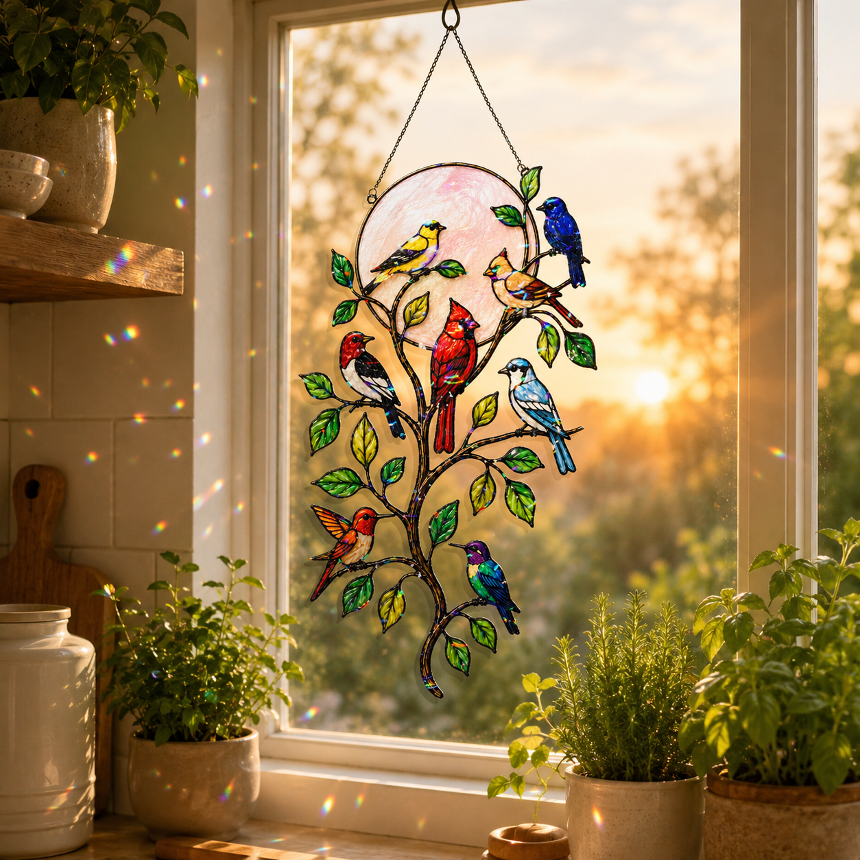 Songbirds on a Branch Pink Moon Holographic Acrylic Suncatcher