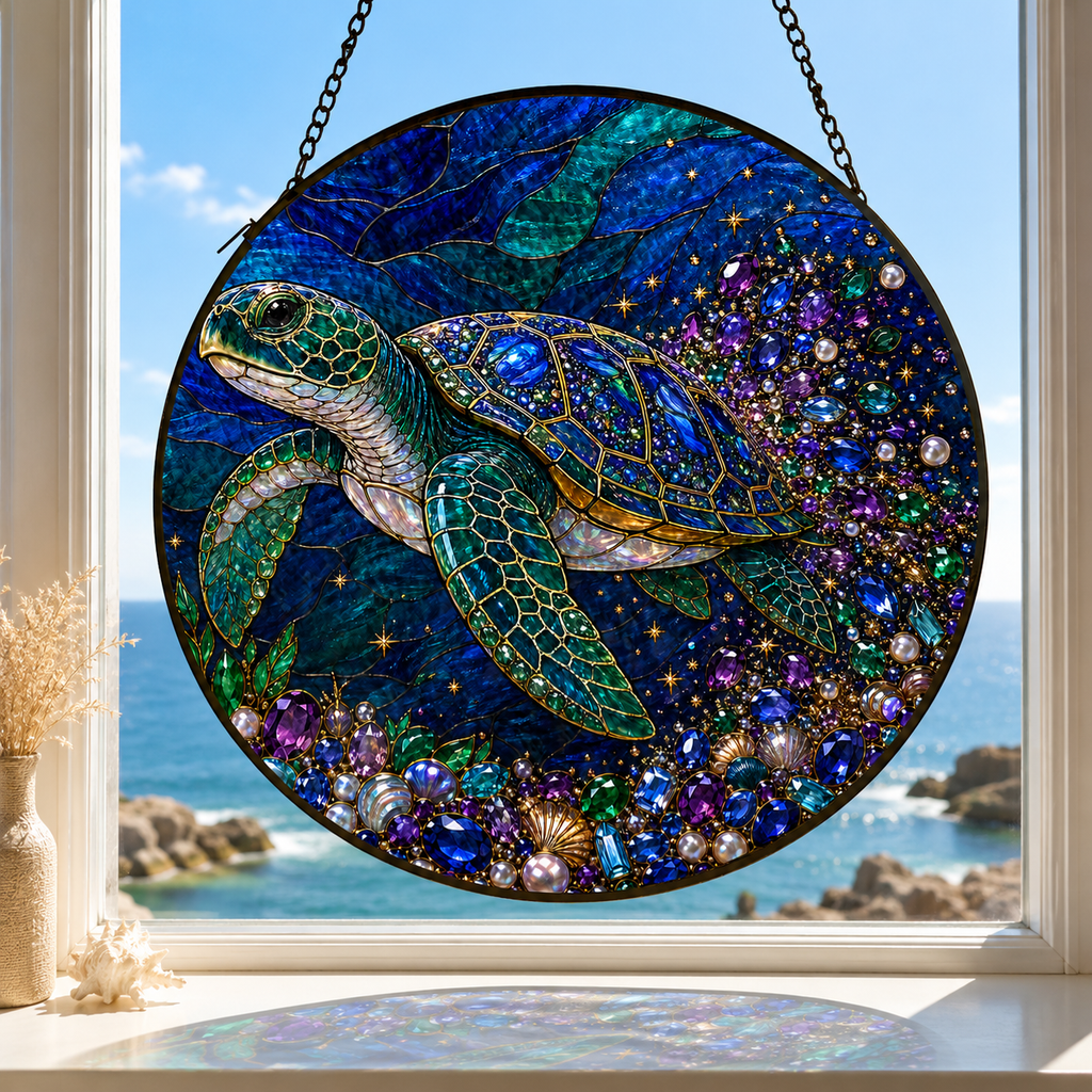 Sea Turtle Ocean Stained Glass Suncatcher