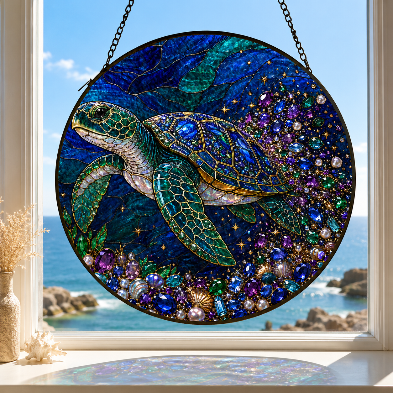 Sea Turtle Ocean Stained Glass Suncatcher