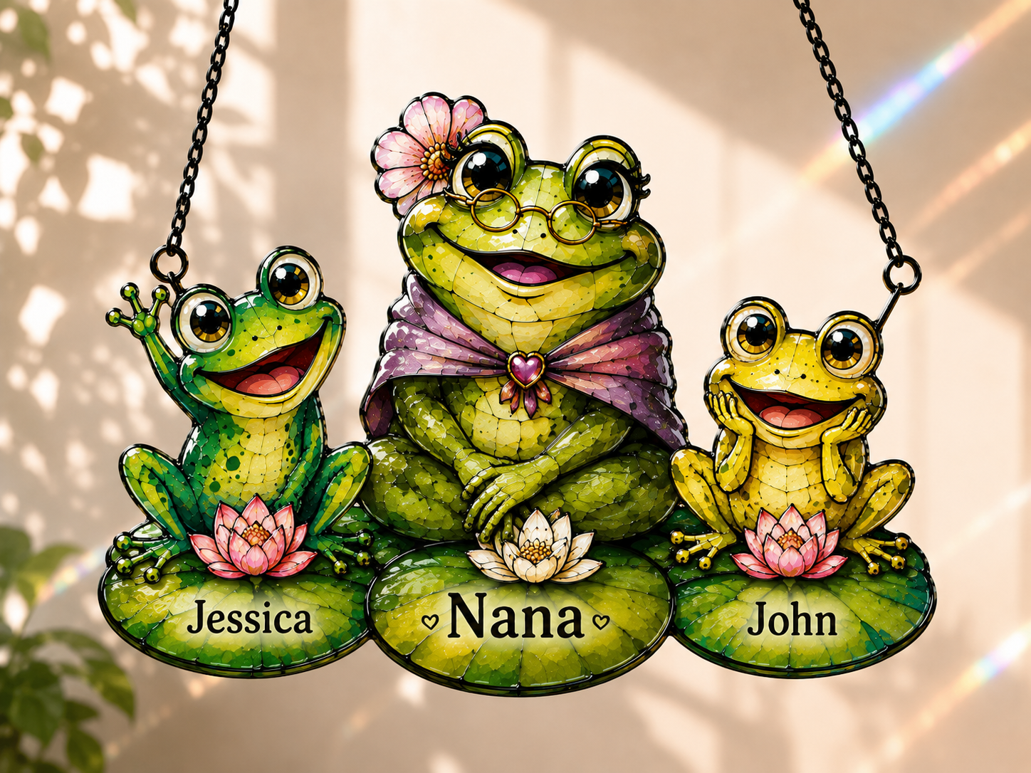 Personalized Nana Frog & Grandkids Holographic Acrylic Suncatcher