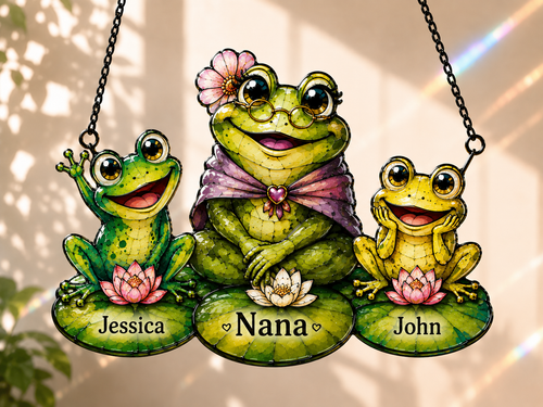 Personalized Nana Frog & Grandkids Holographic Acrylic Suncatcher
