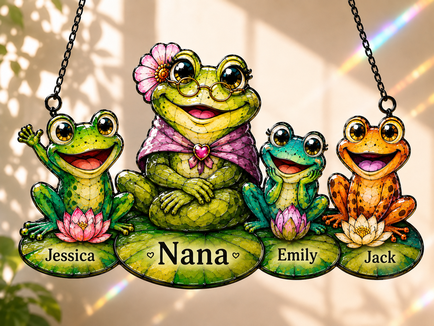 Personalized Nana Frog & Grandkids Holographic Acrylic Suncatcher