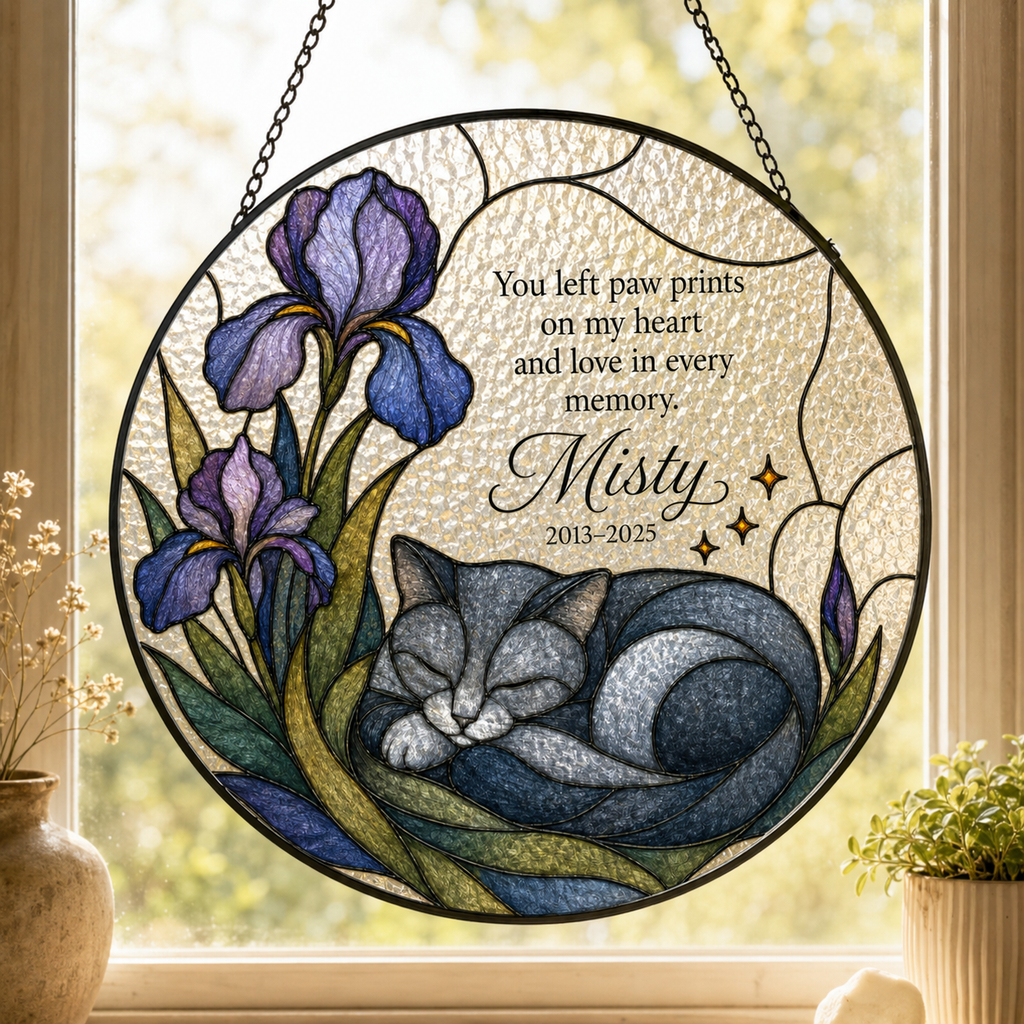Personalized Cat Memorial Stained Glass Suncatcher – Grey Cat & Iris