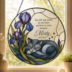 Personalized Cat Memorial Stained Glass Suncatcher – Grey Cat & Iris