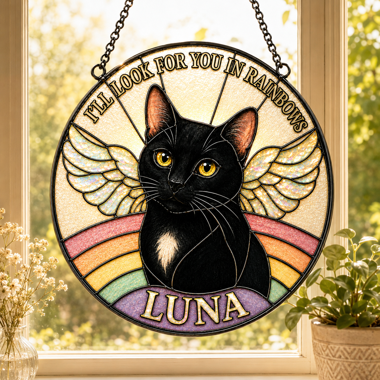 Personalized Cat Memorial Angel Wings Stained Glass Suncatcher