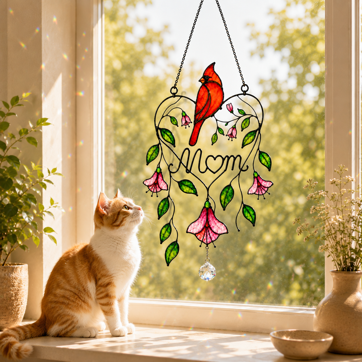 A stained glass suncatcher hanging on a window, featuring a red cardinal perched on a heart-shaped outline with the word 'Mom' in the center, pink bell-shaped flowers, green leaves, and a dangling crystal. A white and orange cat sits on the windowsill looking at the hanging ornament.