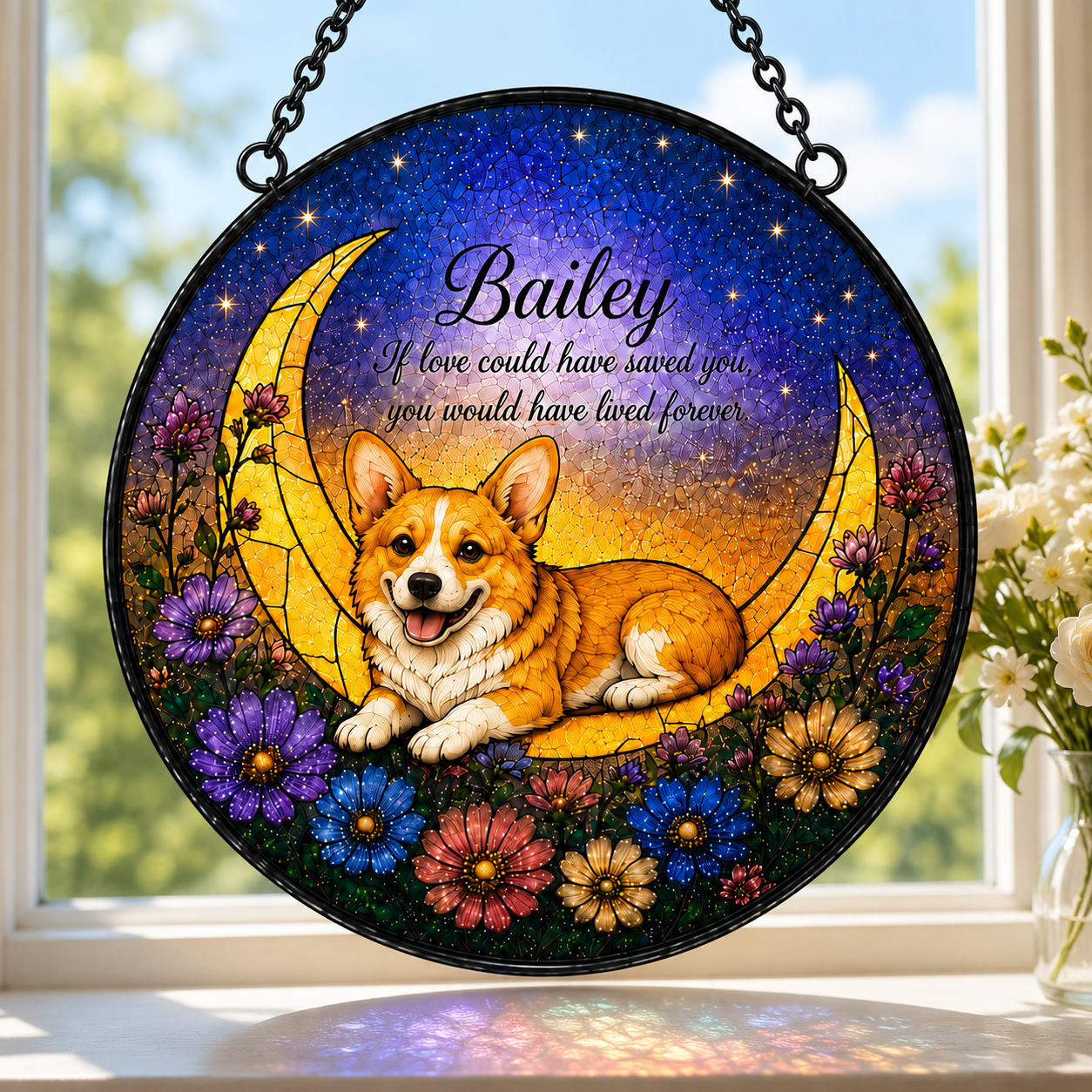 Personalized Dog Memorial Moon Stained Glass Suncatcher