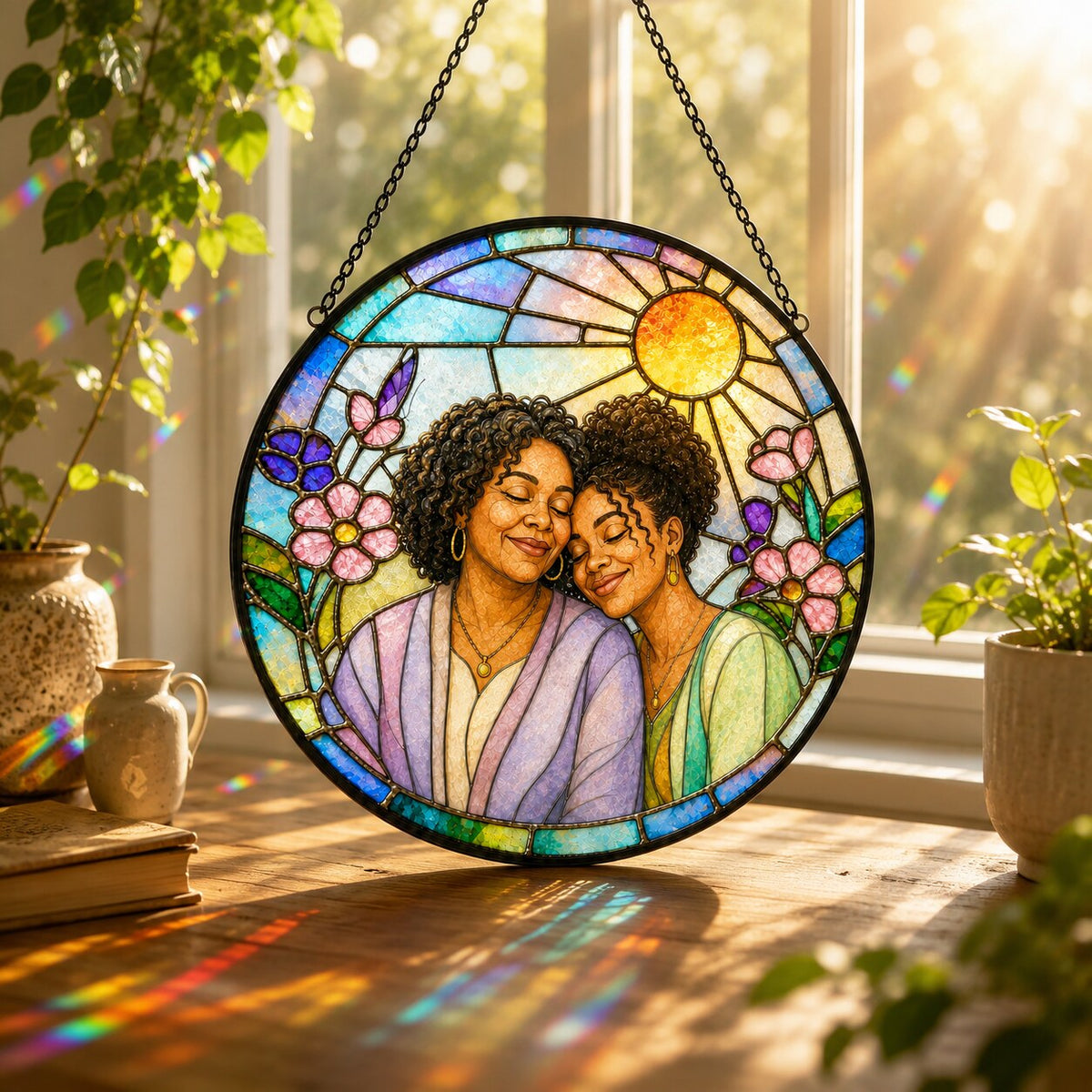 Personalized Blossom Sunrise Photo Stained Glass Suncatcher