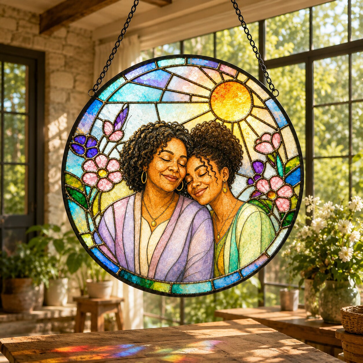 Personalized Blossom Sunrise Photo Stained Glass Suncatcher