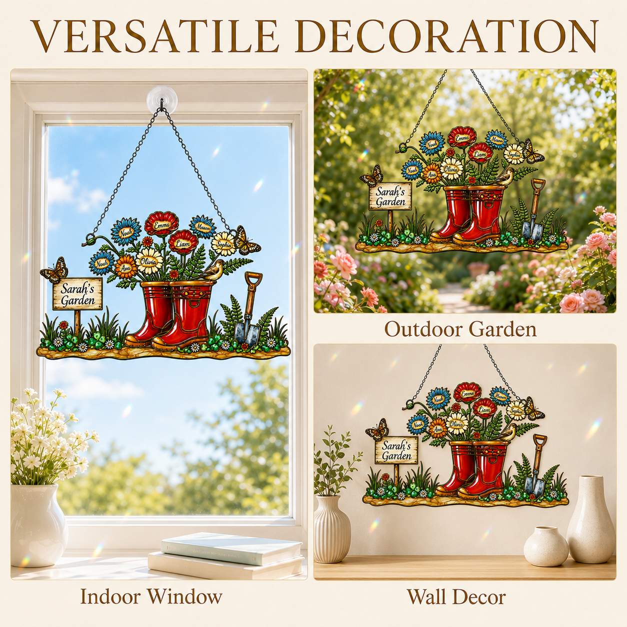 Personalized Grandma's Garden Wellington Boots Holographic Acrylic Suncatcher