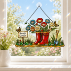Personalized Grandma's Garden Wellington Boots Holographic Acrylic Suncatcher