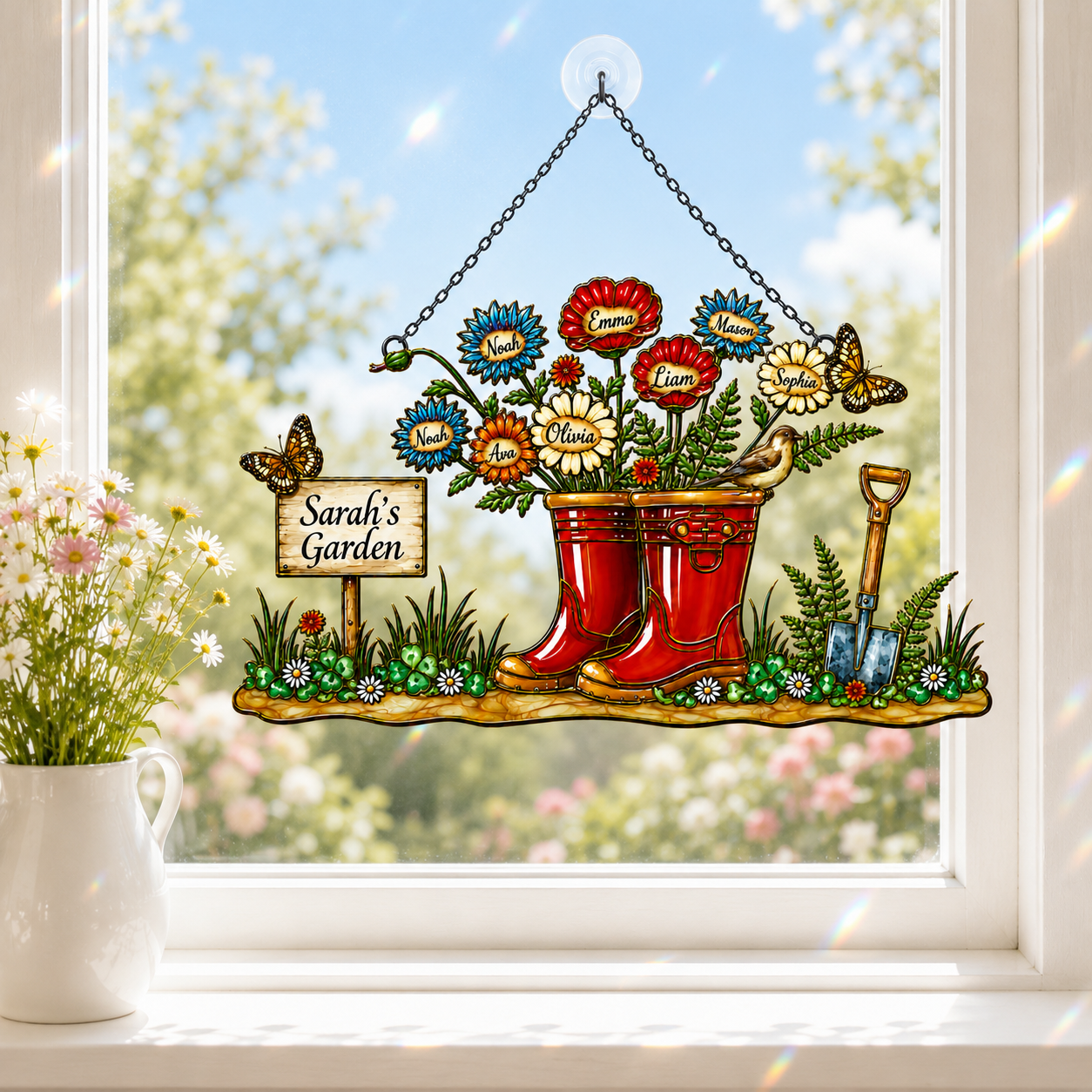 Personalized Grandma's Garden Wellington Boots Holographic Acrylic Suncatcher