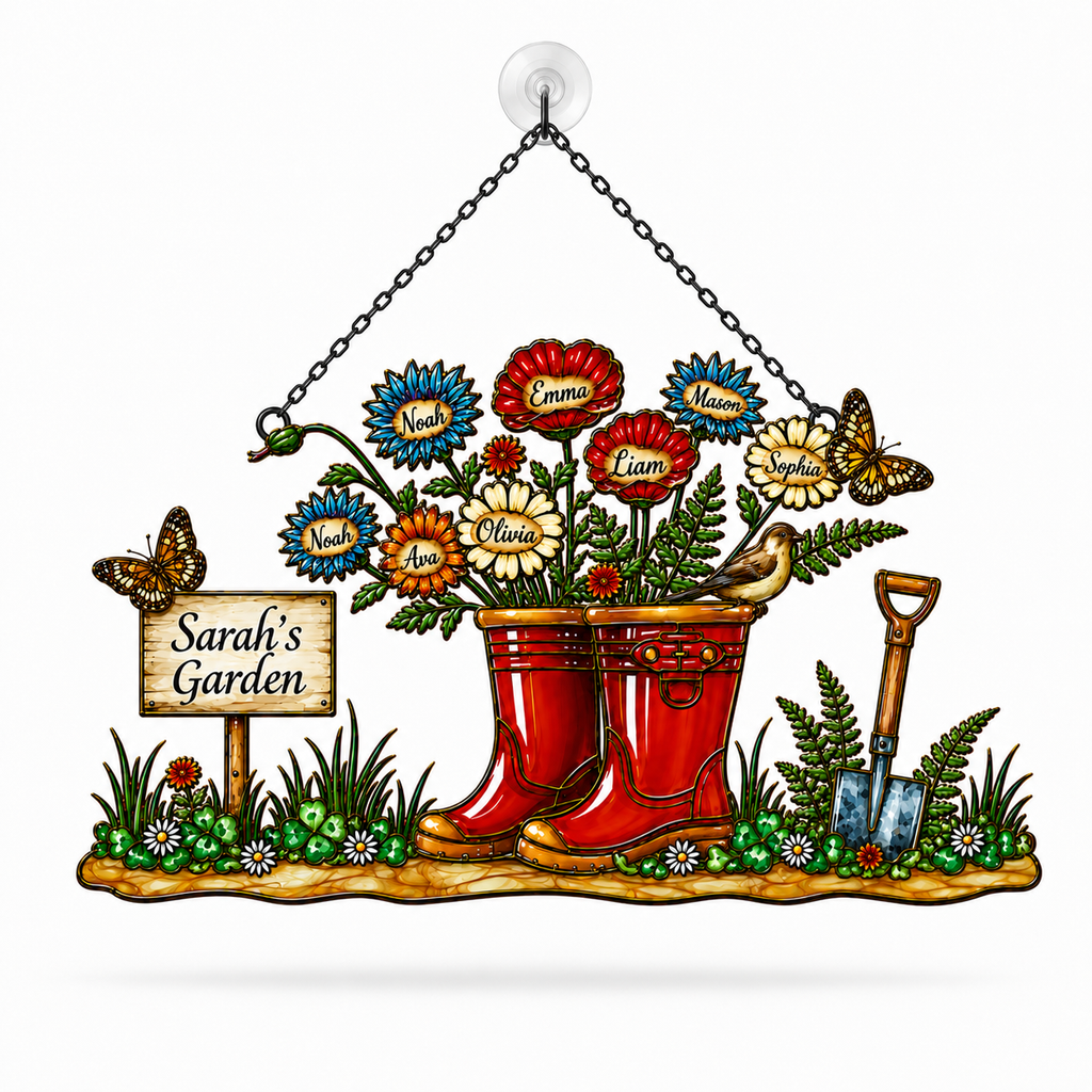Personalized Grandma's Garden Wellington Boots Holographic Acrylic Suncatcher
