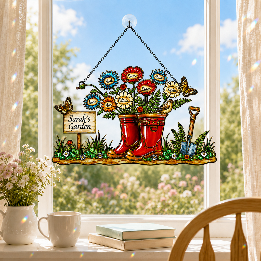 Personalized Grandma's Garden Wellington Boots Holographic Acrylic Suncatcher