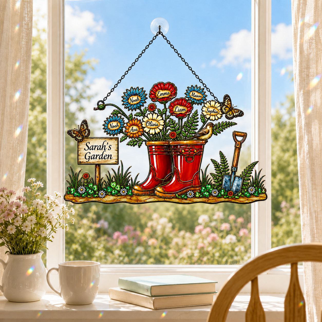 Personalized Grandma's Garden Wellington Boots Holographic Acrylic Suncatcher