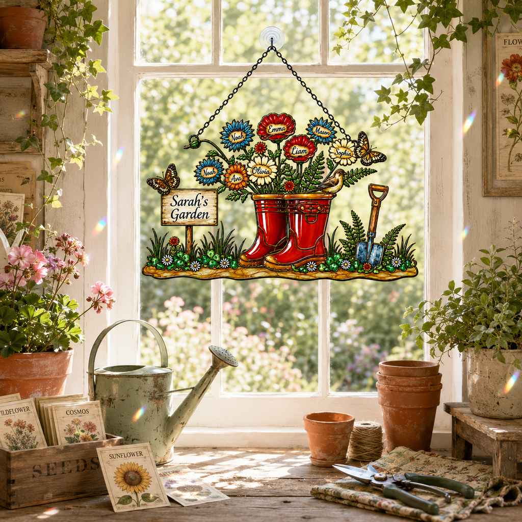 Personalized Grandma's Garden Wellington Boots Holographic Acrylic Suncatcher