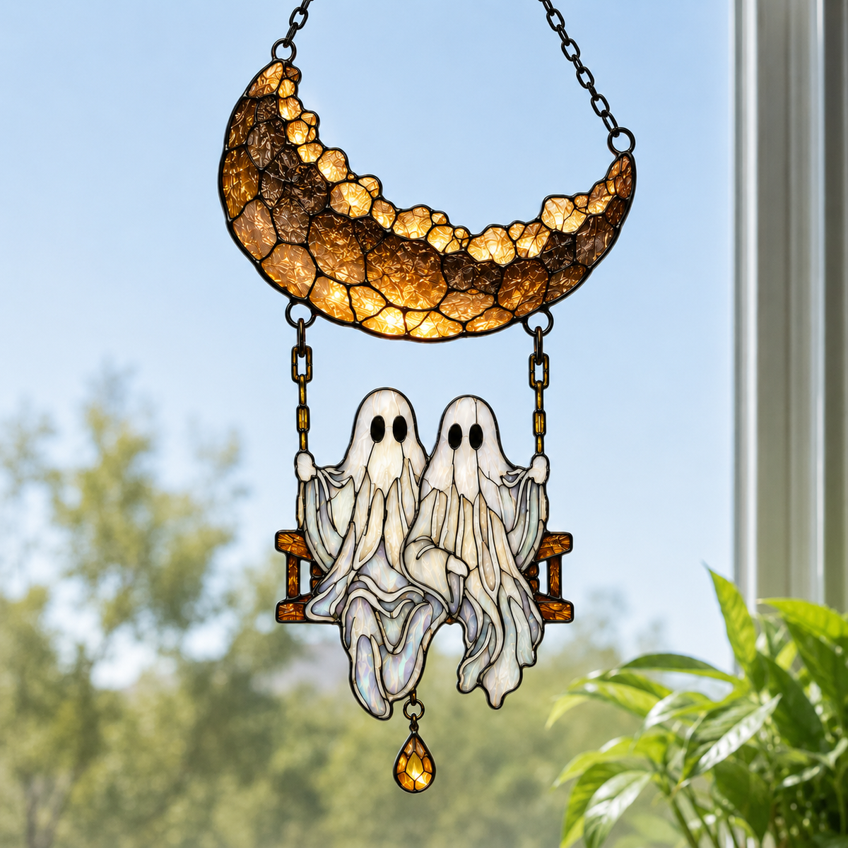 Ghost Couple on a Crescent Moon Swing Holographic Acrylic Suncatcher