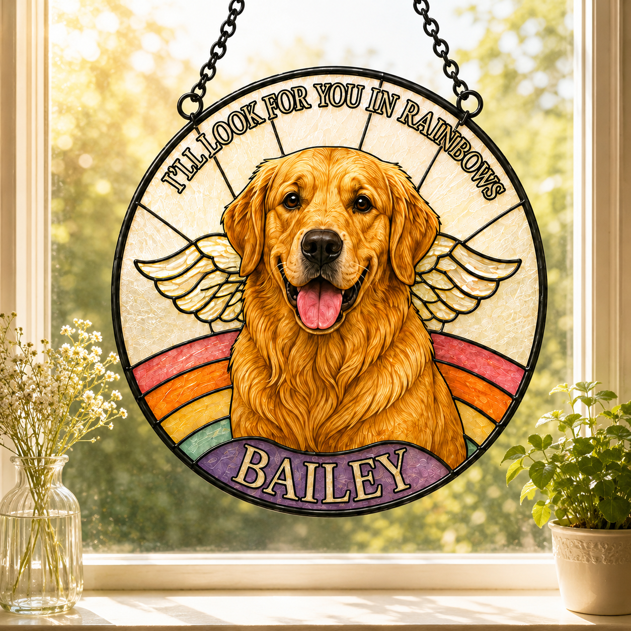 Personalized Dog Memorial Angel Wings Stained Glass Suncatcher